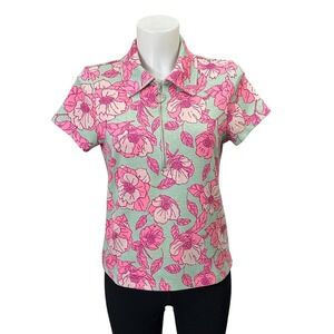 Anthropologie Maeve Floral Zip Collar Jacquard Short Sleeve Top‎ sz Medium Chic